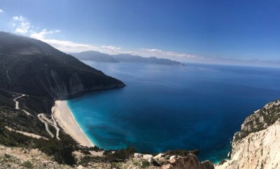 the beautiful myrtos beach in kefalonia from above